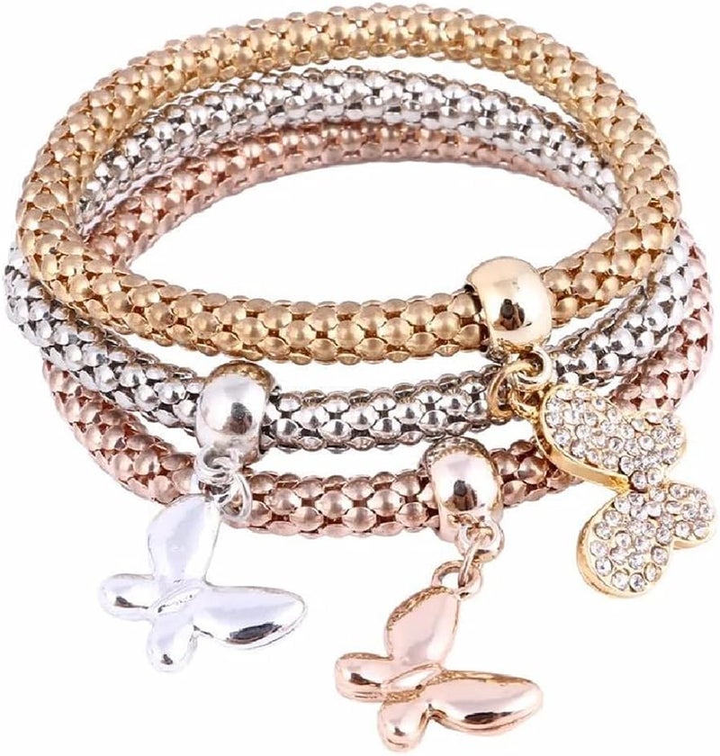 SILANER Crystal Charms Multilayer Bracelets - 3PCS Gold/Silver/Rose Gold Corn Chain Bracelet for Women, Tree of Life Heart Shaped Stretch Bracelet - Image 1